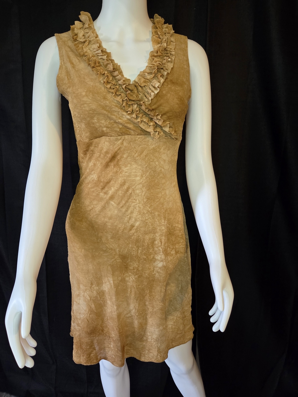 Vintage Y2K Rave Ruffle V-Neck Sleeveless Mini Dress Tan Brown Grunge Boho S - Picture 2 of 12